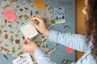 Korková nástenka na stenu Poľská fauna na farebnej mape