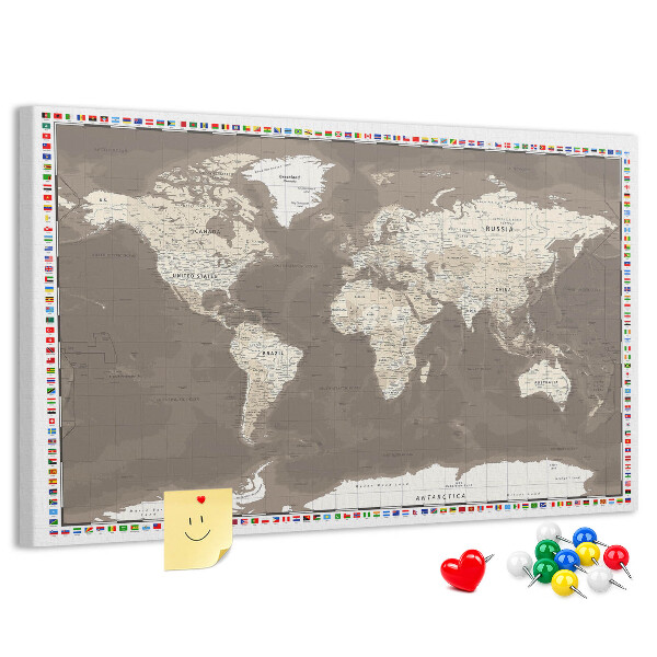 Korková tabuľa Mapa sveta s vlajkami krajín