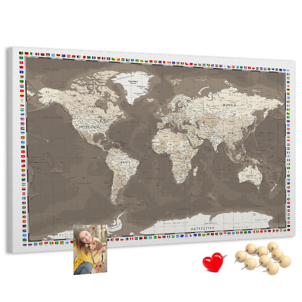 Korková tabuľa Mapa sveta s vlajkami krajín