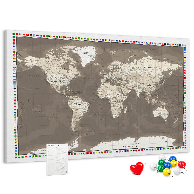 Korková tabuľa Mapa sveta s vlajkami krajín