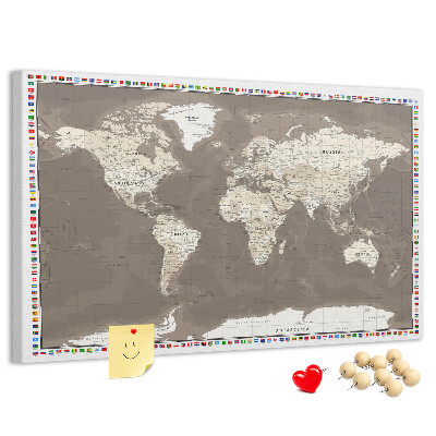 Korková tabuľa Mapa sveta s vlajkami krajín