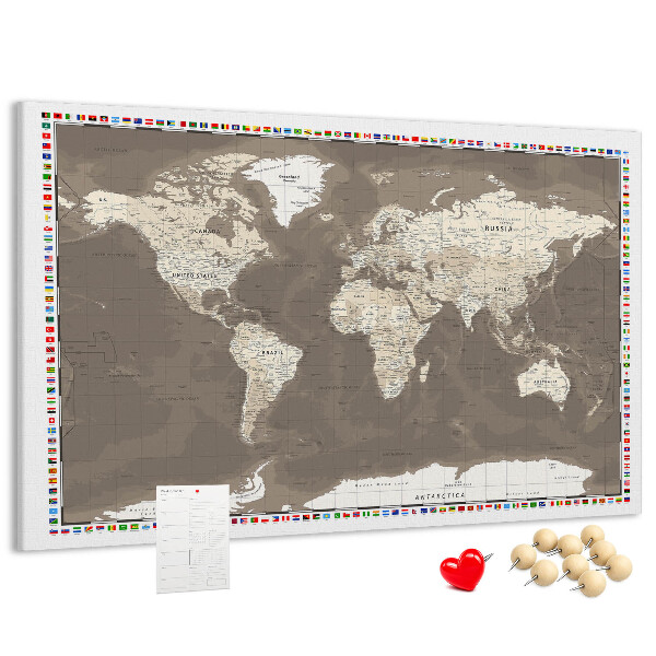 Korková tabuľa Mapa sveta s vlajkami krajín