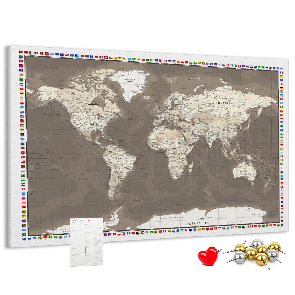 Korková tabuľa Mapa sveta s vlajkami krajín