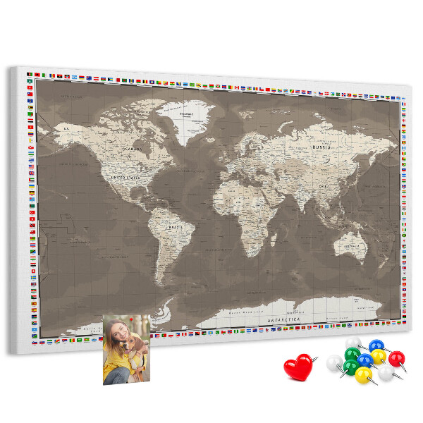 Korková tabuľa Mapa sveta s vlajkami krajín