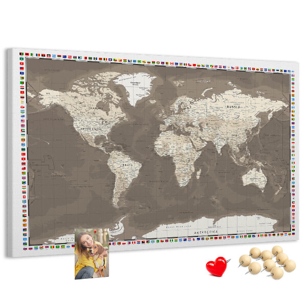 Korková tabuľa Mapa sveta s vlajkami krajín