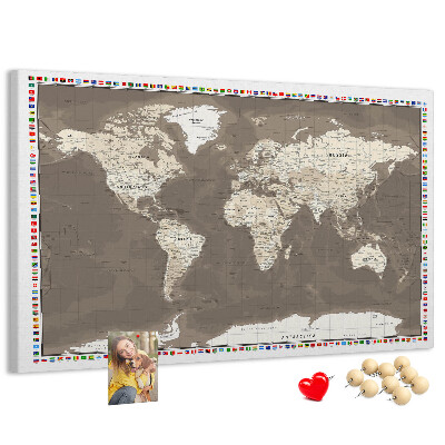 Korková tabuľa Mapa sveta s vlajkami krajín
