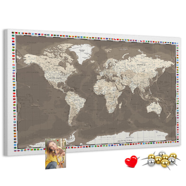 Korková tabuľa Mapa sveta s vlajkami krajín
