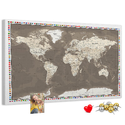 Korková tabuľa Mapa sveta s vlajkami krajín