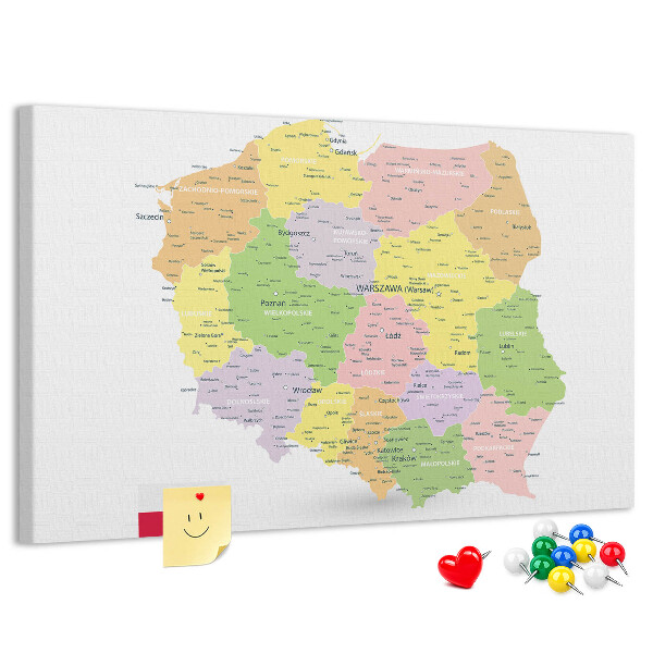 Korková nástenka na stenu Mapa Poľska s administratívnym členením.
