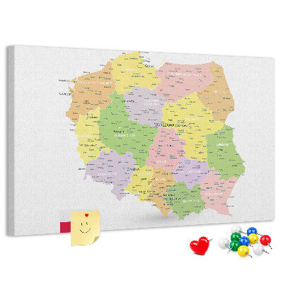 Korková nástenka na stenu Mapa Poľska s administratívnym členením.