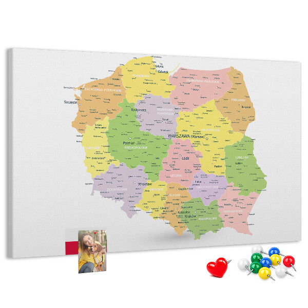 Korková nástenka na stenu Mapa Poľska s administratívnym členením.