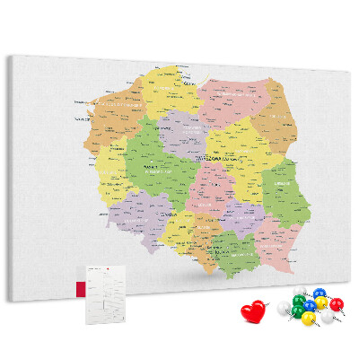 Korková nástenka na stenu Mapa Poľska s administratívnym členením.