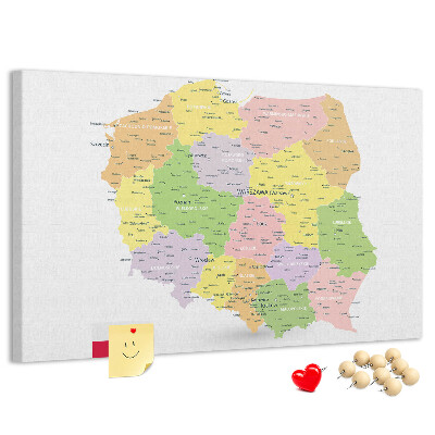 Korková nástenka na stenu Mapa Poľska s administratívnym členením.