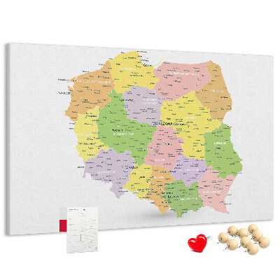 Korková nástenka na stenu Mapa Poľska s administratívnym členením.