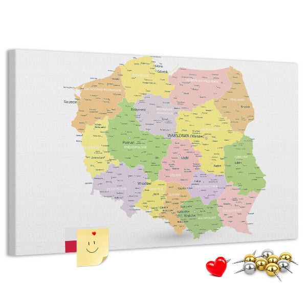 Korková nástenka na stenu Mapa Poľska s administratívnym členením.