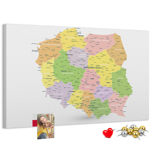 Korková nástenka na stenu Mapa Poľska s administratívnym členením.