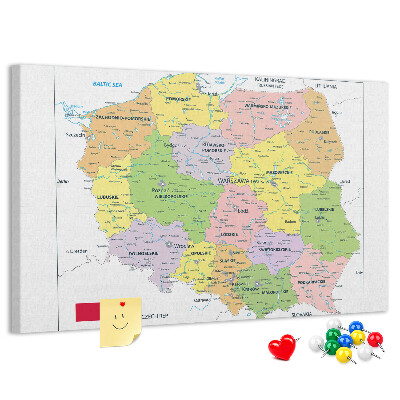 Korková tabuľa Mapa Poľska s farebnými vojvodstvami