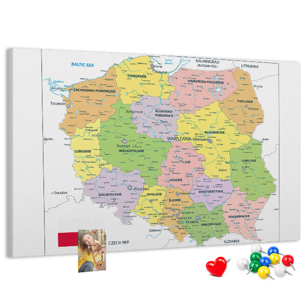 Korková tabuľa Mapa Poľska s farebnými vojvodstvami
