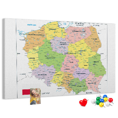 Korková tabuľa Mapa Poľska s farebnými vojvodstvami