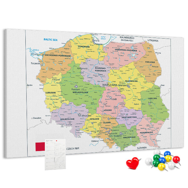 Korková tabuľa Mapa Poľska s farebnými vojvodstvami