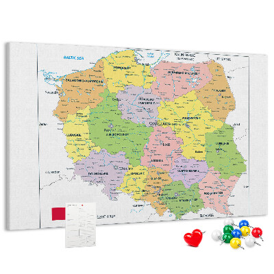 Korková tabuľa Mapa Poľska s farebnými vojvodstvami