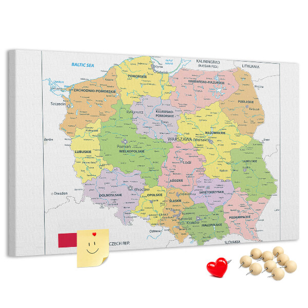 Korková tabuľa Mapa Poľska s farebnými vojvodstvami