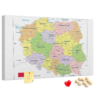 Korková tabuľa Mapa Poľska s farebnými vojvodstvami