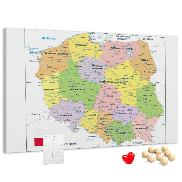 Korková tabuľa Mapa Poľska s farebnými vojvodstvami