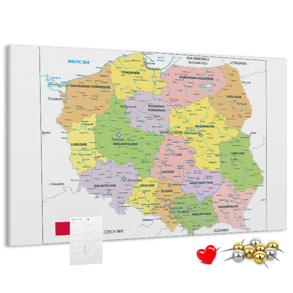 Korková tabuľa Mapa Poľska s farebnými vojvodstvami