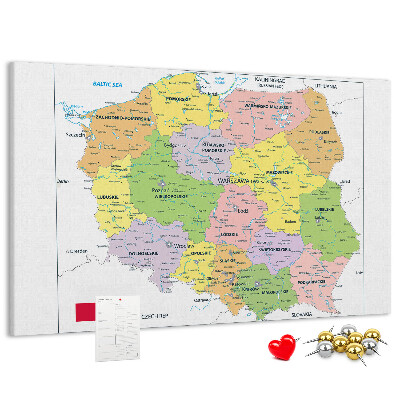 Korková tabuľa Mapa Poľska s farebnými vojvodstvami
