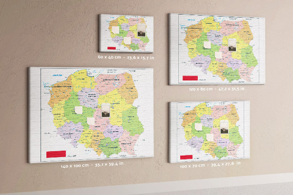 Korková tabuľa Mapa Poľska s farebnými vojvodstvami