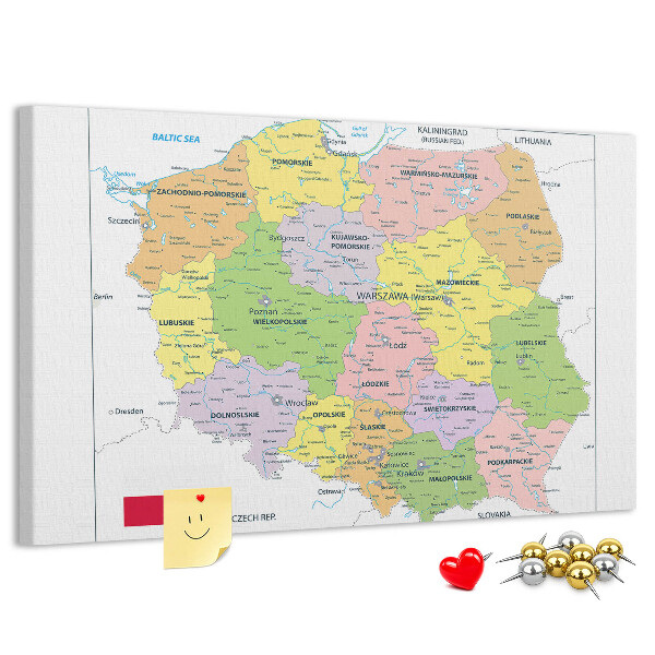 Korková tabuľa Mapa Poľska s farebnými vojvodstvami