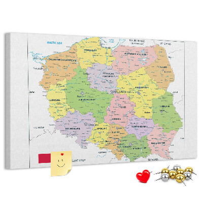 Korková tabuľa Mapa Poľska s farebnými vojvodstvami