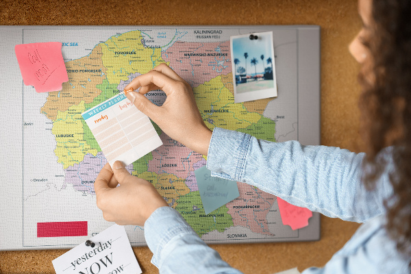 Korková tabuľa Mapa Poľska s farebnými vojvodstvami
