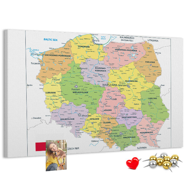 Korková tabuľa Mapa Poľska s farebnými vojvodstvami