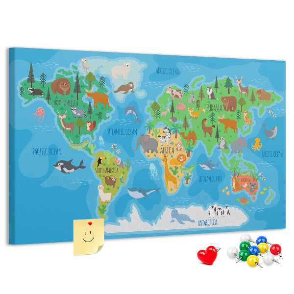Korková tabuľa Mapa sveta s ilustráciami zvierat.