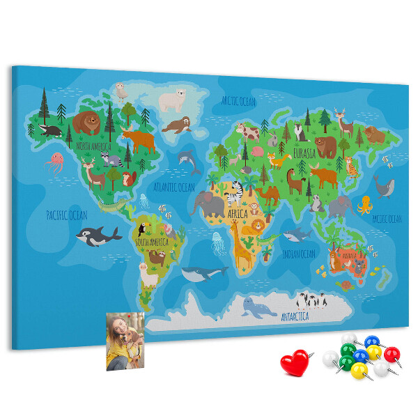 Korková tabuľa Mapa sveta s ilustráciami zvierat.