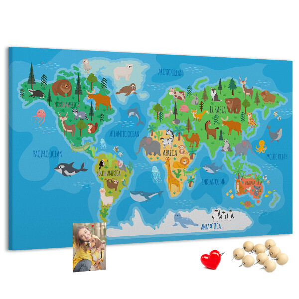 Korková tabuľa Mapa sveta s ilustráciami zvierat.