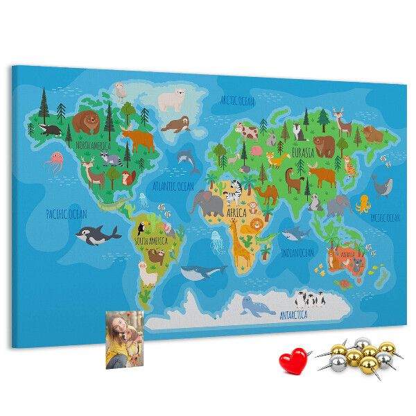Korková tabuľa Mapa sveta s ilustráciami zvierat.
