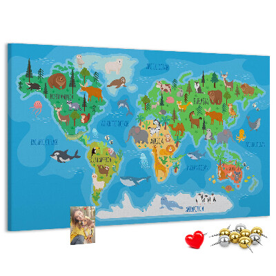 Korková tabuľa Mapa sveta s ilustráciami zvierat.