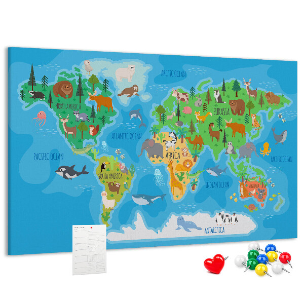 Korková tabuľa Mapa sveta s ilustráciami zvierat.