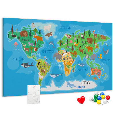 Korková tabuľa Mapa sveta s ilustráciami zvierat.