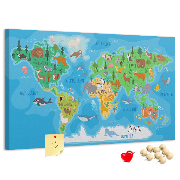 Korková tabuľa Mapa sveta s ilustráciami zvierat.