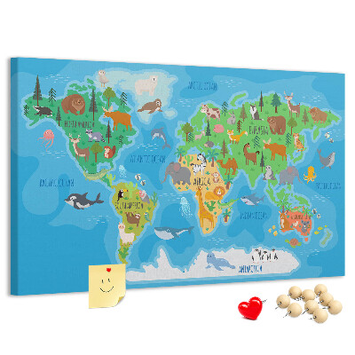 Korková tabuľa Mapa sveta s ilustráciami zvierat.