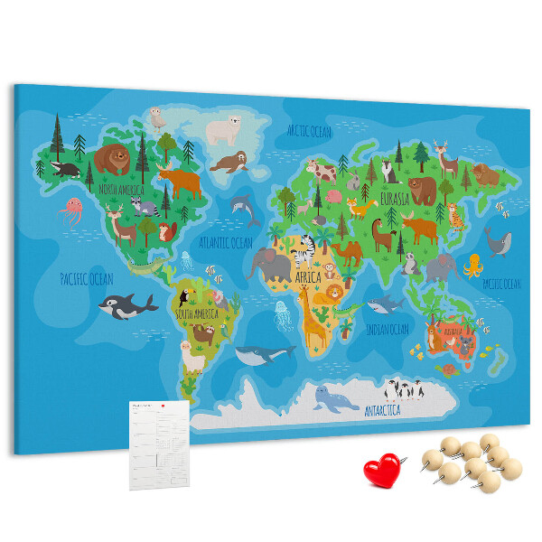 Korková tabuľa Mapa sveta s ilustráciami zvierat.