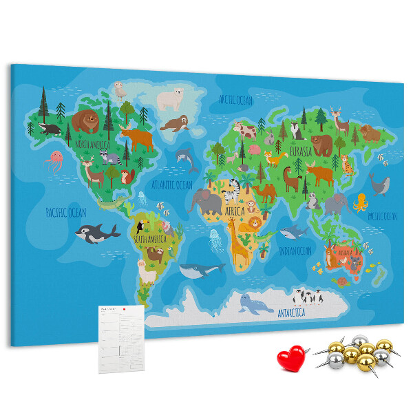 Korková tabuľa Mapa sveta s ilustráciami zvierat.