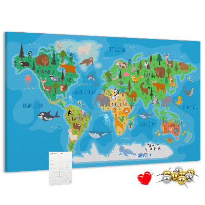 Korková tabuľa Mapa sveta s ilustráciami zvierat.
