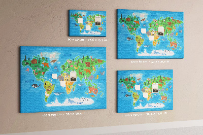 Korková tabuľa Mapa sveta s ilustráciami zvierat.