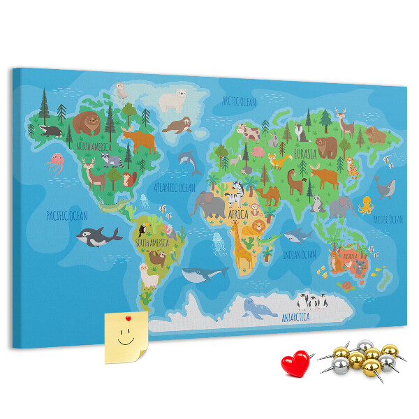 Korková tabuľa Mapa sveta s ilustráciami zvierat.