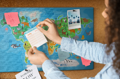 Korková tabuľa Mapa sveta s ilustráciami zvierat.